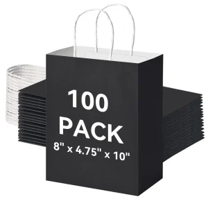 100Pcs Black Paper Gift Bags Medium Size 8×4.75×10 Inch Kraft Paper Bags with Handles Bulk for Shopping