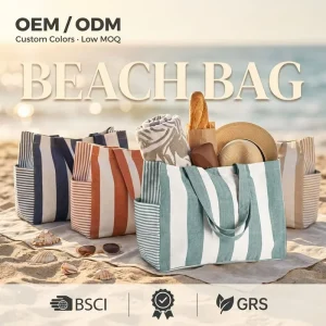 17 Inch Beach Bag for Women 100% Cotton Beach Tote Bag With Zipper Pocket Inside Large Woven Pool Canvas Tote Bag