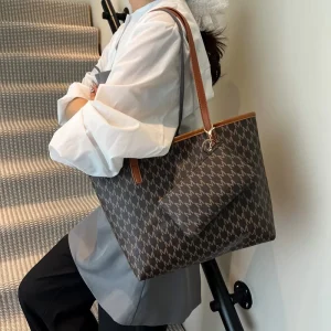 2 pieces Set Luxury Pu Leather Handbag for Women Designer Top handle Purse Shoulder Strap Elegant Black Tote Bag
