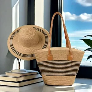 2 pieces Set Summer Straw Bags and Hat New Trendy Sac Women’s Large Capacity Set Hand Bags for Women