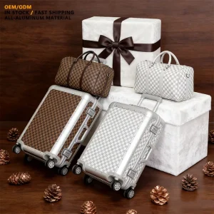 20 Inch All Aluminum Alloy Luggage Mini Aluminum Suitcase Checkerboard TSA Lock Waterproof Spinner Caster With Bag Suitcase