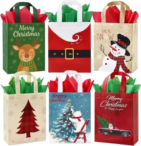 24 Pack Eco Friendly Non Woven Christmas Gift Bags Tote Bags with Handles Reusable 10’x8’x4′ Gift Wrapping Party Favors