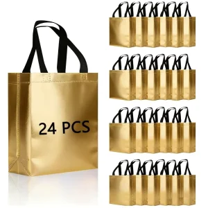 24pcs 8x4x10in Gold Holographic Laser Gift Bag with Handles Reusable Portable Gift Packaging Bag