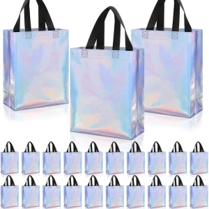 24pcs 8x4x10in Gold Silver Rose Gold Holographic Laser Gift Bag with Handles Reusable Portable Gift Packaging Bag