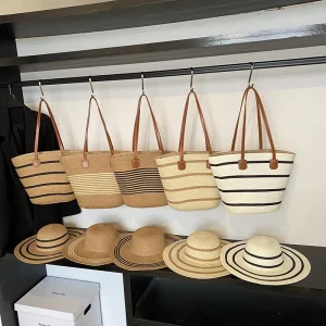2PCS Large Capacity Straw Beach Bags Outdoor Travel Straw Hat Bag Set for Women