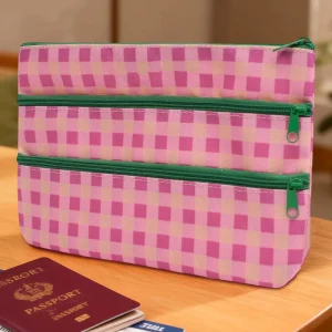 3-Layer Checkered Document Bag Custom Passport Holder Travel Organizer Ladies Simple Clutch Bag