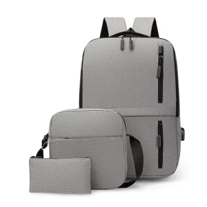 3-Piece Waterproof Laptop Backpack Set for Men & Unisex Outdoor Travel Zipper Closure Nylon & Polyester USB Port