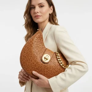 3436 Womens Mob Wife Leopard Print Hobo Bag Caramel Embossed Leather Oversized Gold Hardware Buckle Chunky Chain Shoulder Purse