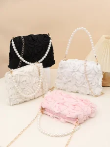 3D Rose Flower Bag with Pearl Chain and Rose Petal Design Simple and Everyday Urban Crossbody Handbag Evening Bag