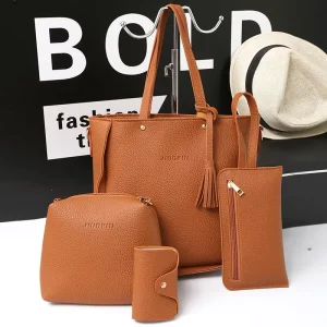 4 Piece PU Leather Crossbody Bag Set Lady’s Fashion Large Capacity Lychee Pattern Single Shoulder Handbag Two Straps