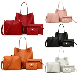 4 Piece Women’s PU Leather Handbag Set Open Closure Chains & Letter Decor Fashion Easy Carry Frame Shape Korean Style