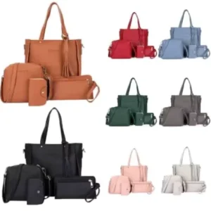 4 in 1 PU Leather Women’s Handbags Ruched Flowers Pearl Tassel Bow Open Closure Simple Big Pillow Shape Bag