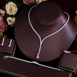 4pcs Glittering Cubic Zircon White Pink Necklace Earrings Bracelet And Ring Wedding Bridal Jewelry Set For Women Party Accessory