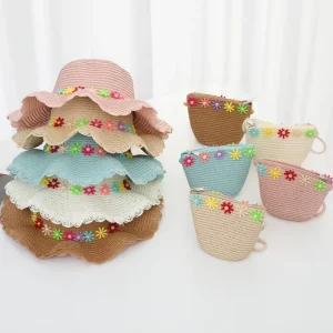 5 Colors Straw Beach Bag and Hat Flower Baby Straw Hat and Bag Set Children’s Sun Hat Bag