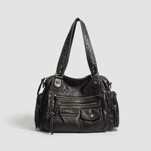 8965# Fashion Women Black Washed Pu Leather Big Boston Bag with Adjustable Strap Ladies Casual Softed Satchel Hand Bags