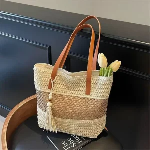All Seasons Women’s Double Strap Shoulder Bag Candy Pattern Hook Knitting Design Zip Closure Durable Straw Polyester Lining