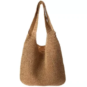 Autumn Large Capacity Two Strap Straw Bag Zipper Closure Polyester Lining Soft Woven Design Holiday Beach Casual Women’s Bag