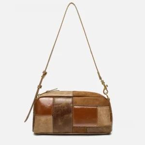 Autumn Niche Design Color Blocked Bowling Bag Women’s Shoulder Bag Brown Casual Simple Crossbody Bag