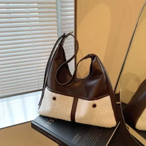 Autumn Retro Women’s PU Shoulder Bags Large Capacity Plush Patchwork Ladies Crossbody Bag Simple Casual Girls Tote Handbags