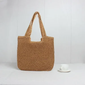 Autumn Spring Fashionable Recycled Handmade Woven Straw Tote Bag for Women Portable Two Handles Zip Closure Lady for Beach Use