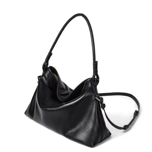 B2B Supplier Slouchy Black PU Leather Shoulder Purse Soft Gathered Hobo Crossbody Bag Large Casual Pack