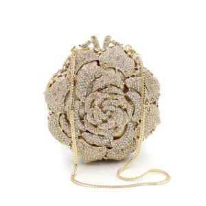 BL011 Rose Rhinestone Hollow Magnetic Clasp Spring Women’s Clutch Bag for Banquet Dinner & Everyday Use with Drill