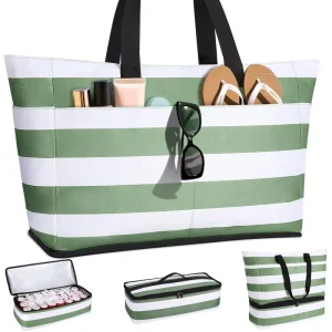 Beach Bag Foldable Striped One-shoulder Handbag Large Capacity Oxford Waterproof Travel Swimming Storage Bag