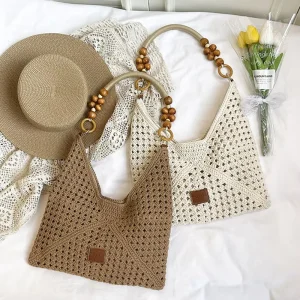 Beach Bag for Women Handwoven Tote Crochet Boho Crossbody Bag Handmade Shoulder Bag Cotton Woven Handbag for Outdoor