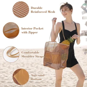 Beach Bags for Women Foldable Mesh Tote Bag with Zipper Large Capacity Designer Handbags Lightweight Stylish New Handbags