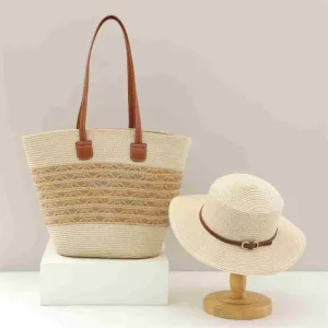 Beach Holiday Hand Woven Large Capacity Outdoor Ladies Handbags Travel Beach Tote Bag and Hat Set
