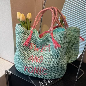 Beach Vacation Style Large Capacity Fresh Mint Green Straw Woven Bag Crochet Tote Bags Shoulder Bag