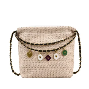 Beaded Chain Decorated Magnetic Buckle Straw Bag Holiday Beach Bucket Bag