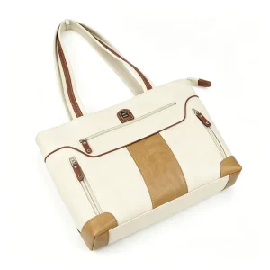 Beige Patchwork Unisex Satchel Tote Bag Large Storage Multi Zipper Pockets Daily Office Large Capacity PU Eco Friendly Polyester