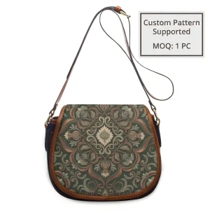 Bespoke Green and Brown Scroll Crossbody Purse with Strap Customizable Surface MOQ 1 PC Personalized Retro Floral Saddle Bag