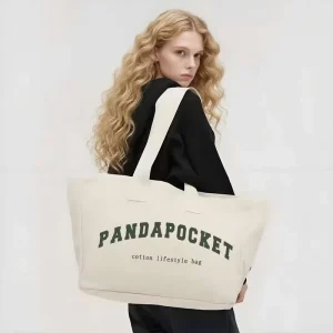 Biodegradable Plain Color Custom Printed Logo Oversized Canvas Tote Bag with Zipper Pockets Reusable Design