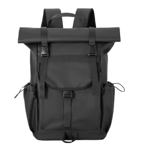 Black 30 Liter Waterproof Roll Top Mens Women’s Leather Laptop Travel Backpack for Business Work Carry On