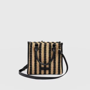 Black Beige Stripe Woven Raffia Handbag Leather Edge Binding Convertible Carry Design for Ladies Weekend Shopping Coastal Trip