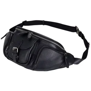 Black Cowhide Leather Men’s Belt Crossbody Bag with Zipper Pockets Man Outlet Sling Bag Suitable for Daily Outdoor