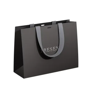 Black Luxury Shopping Paper Bag with Handles Gold Stamping Printed Logo Customizable Black Gift Paper Bags for Promotions