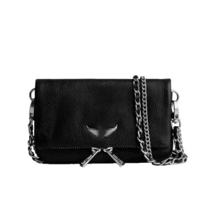 Black PU Zip Chain Shoulder Clutch Diagonal Bag With Two Straps Polyester Lining Fashion Style