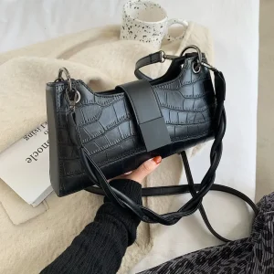 Black Pu Underarm Bag Luxury Bag Handbag Women Fashion Crocodile Pattern Sling Bag Lady Shoulder Stylish Crossbody Purse Bag