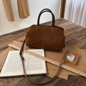 Black Suede Leather Boston Shoulder Bag Women Top Handle Detachable Strap Minimalist Pillow Tote Casual Luxury Everyday Handbag