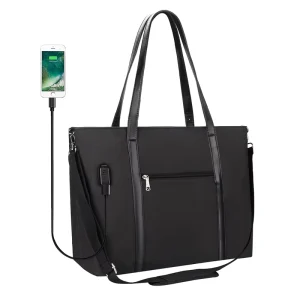 Black Women’s Ladies Designer Tote Bag for Women Work with 17 Inch Laptop Sleeve Pocket Compartment