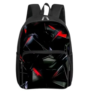 Black and Red Geometric Pattern Fashion Waterproof Square Front Pocket Backpack for Children 20-35L Capacity School Bags