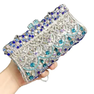 Blue Crystal Evening Clutch Rhinestone Bridal Handbag Elegant Metal Wedding Bag for Women Ladies’ Party Purse Banquet Bag