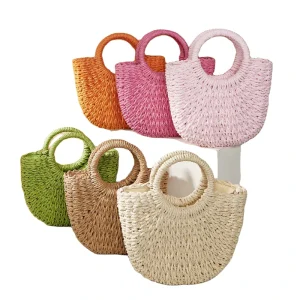 Bohemian Fashion Two Open Eco Friendly Handmade Woven Straw Paper Summer Beach Tote Bag Women Purse