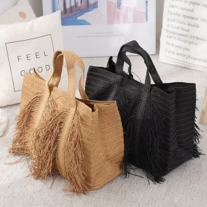 Bohemian Fashion Women Tassel Handbag Summer Beach Handmade Woven Large Capacity Tassel Straw Tote Bag