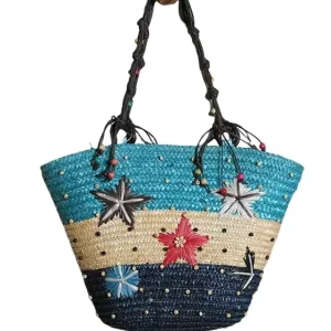 Bohemian Handwoven Basket Bag Women’s Large Capacity Straw Shoulder Bag for Beach & Vacation