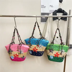 Bohemian Sea Starfish Women’s Shoulder Straw Bags Women Straw Tote Bag Summer Colorful Vacation Travel Beach Bag