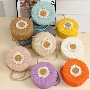Bohemian Summer Fashion Round Straw Woven Coin Purse with Open Beach Vacation Geometric Design Crossbody Bag for Girls